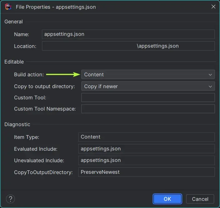 Définir l'action de build à Content dans les propriétés du fichier